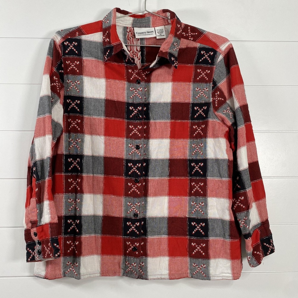 Country Store Shirt Womens XL Red Plaid Metallic Christmas Candy Cane Button Up